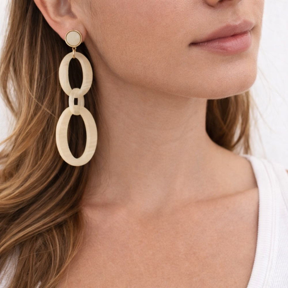 Cream Interlink Dangle Earrings Gold Tone Double Hoop 3.5” Statement
